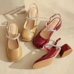 Women's Toe Chunky Mary Jane Rhinestone Belt Heels