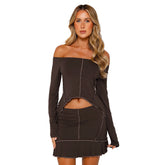 Solid Color Reverse Off Neck Skirt Set
