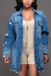 Jeansjacke, mittellang, dunkler Denim-Trenchcoat mit Löchern