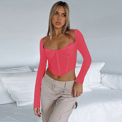 Top Faux Two Piece Waist Long Sleeve Slim Strap Bottoming T shirt