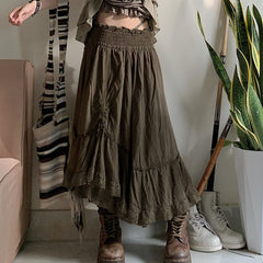Street Retro Skirt High Waist Asymmetric Lace Stitching Casual Pleated Skirt