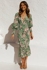 Office Elastic Waist Long Sleeve V neck Printed Flounced Dress