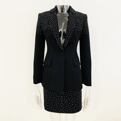 Celebrity Rhinestone Slim Fit One Button Blazer Skirt Set