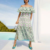 Schulterfreies Kleid mit Rüschen, ausgehöhlten Ausschnitten, besticktem Aufdruck und Schlitz vorne, elegantes Kleid