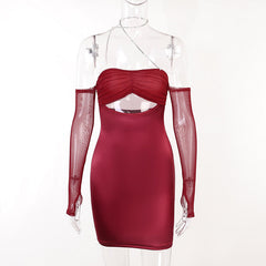 Party Party Long Sleeve Hip Drill Chain Tube Top Hollow Out Cutout Sheath Dress