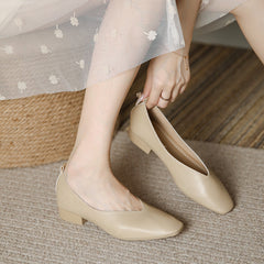 Women's Cowhide Low Round Head Grandma Flat Heels