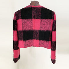 Stern Unregelmäßig Asymmetrisch Daikin Knopf Rundhals Plaid Woll Kurzmantel Jacke