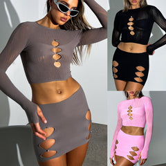 Herbst Langarm-Set Mesh Transparent Cutout Strass Rock Set