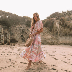Bedrucktes Kleid, Bohemian, unregelmäßiges asymmetrisches Muster, Druck, Strand, Sonnenschutz, Hanfu, lange Robe