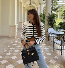 Round Neck Striped Buckle Arc Sweater Cardigan Coat