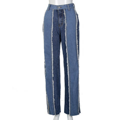 Jean slim patchwork taille haute, pantalon droit décontracté