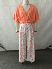 V neck Short Shirt Top Suit Printed Office Wide Leg Pants