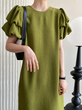 Puff Sleeve Green Straight Dress Mid Length High Sense Loose Maxi Dress