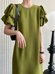 Grünes, gerades Kleid mit Puffärmeln, mittellanges, lockeres Maxikleid mit hohem Bund