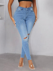 Street Hipster Pearl Rivets Craft Denim Skinny Pants