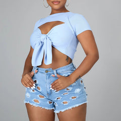 Solid Color Ripped High Waist Stretch Jeans