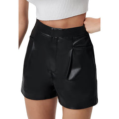 High Waist Faux Leather Pant Belt Pocket Shorts Casual Pants High End