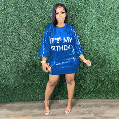 Round Neck Half Sleeved Loose Sequin Printed Dress Party Model Night Club Bodycon Dress