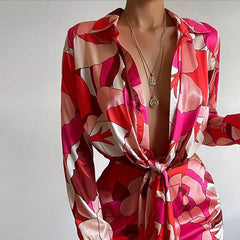 Wear Collared Print Long Sleeve Narrow Shirt Dress