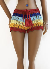 Beach Shorts Woven Lace up Drawstring Color Contrast Patchwork Hollow Out Pants Casual Shorts