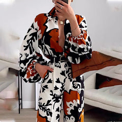Bohemian Printing Color Contrast Casual Two Piece Set
