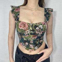 Retro Embroidered Strap Vest Niche Chic Floral Short Slim Top