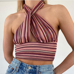 Backless Striped Halter Strap Top