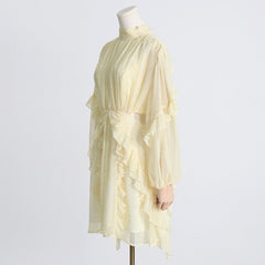 Vacation Solid Color A line High Collar Ruffled Waist Tight Hollow Out Cutout out Short Dress