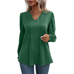 Solid Color Casual Top Puff Sleeve Smocking V Neck Long Sleeve T Shirt