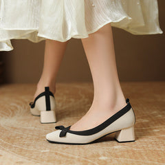 Style Evening Bow Kitten Square Toe Low-cut Heels