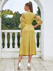 Robe de cocktail mi-longue jaune à col en V et coupe slim pour célébrités d'Internet