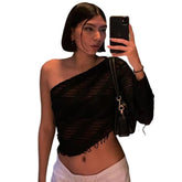 Oblique Shoulder See Through Knitted Short Top Frayed Long Sleeve Cropped T Shirt