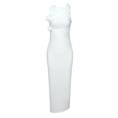 Blue Color Pleating Bow Floral Hip Dress Stretch Slim Dress Christmas Dress