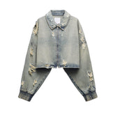 Collared Worn Looking Washed out Perforated Hole Decoration Denim Short Jacket
