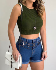 Tank-Top Knitted Sweater Sleeveless Slim Short cropped Vest