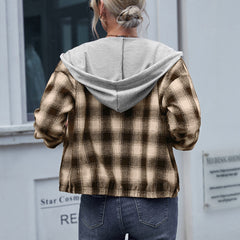 Plaid Shirt Loose Long Sleeve Casual Zipper Hooded Jacket Coat