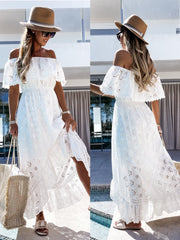 Boho Spitzenkleid Weißes Strandkleid Tube Top Off-Shoulder Kleid Ösenstickerei