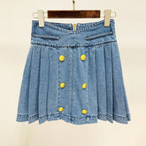 Star Zweireihiger Löwenschnalle Plissee Wash Jeansrock Kurzer Rock