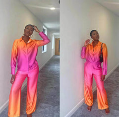 Gradient Color Printed Shirt Long Sleeve Trousers Suit