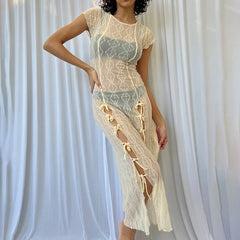 Robe transparente à col rond et manches courtes, robe gilet fendue