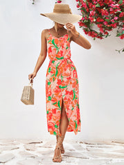 Spaghetti Strap Floral Print Split Dress