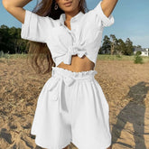 Solid Color Single-Breasted Short Sleeve Shirt Strap Casual Beach Two-Piece Set