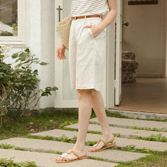 Cotton Linen Cropped Pants Stone Washed Pure Linen High Waist Slimming Bermuda Shorts Office