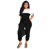Slim Fit Waist Office Short Sleeve Color Matching Leggings Tapered Jumpsuit