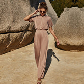 Combinaison une pièce à manches mi-longues, couleur unie, fermeture éclair, col, taille élastique, pantalon décontracté