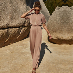 Half Sleeve One Piece Jumpsuit Solid Color Zipper Collared Jumpsuit Elastic Waist Casual Trousers