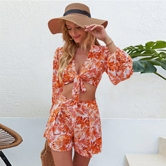 Printed Waist Lace up Deep V Plunge Long Sleeve Cropped Outfit Top Shorts Set