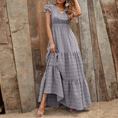 Bohemian V-neck High Waist Print Vacation Dress Stitching Floral Dress