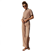 Half Sleeve One Piece Jumpsuit Solid Color Zipper Collared Jumpsuit Elastic Waist Casual Trousers
