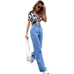 Large Pocket High Waist Casual Straight-Leg Denim Pants